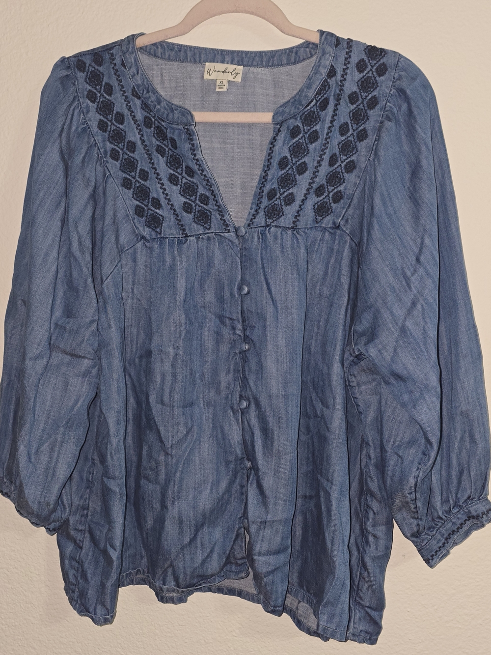 Wonderly Indigo Embroidered Button-Up Blouse